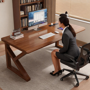 纯实木电脑桌台式家用洞洞板学习桌工作台双人大板书桌书架一体桌