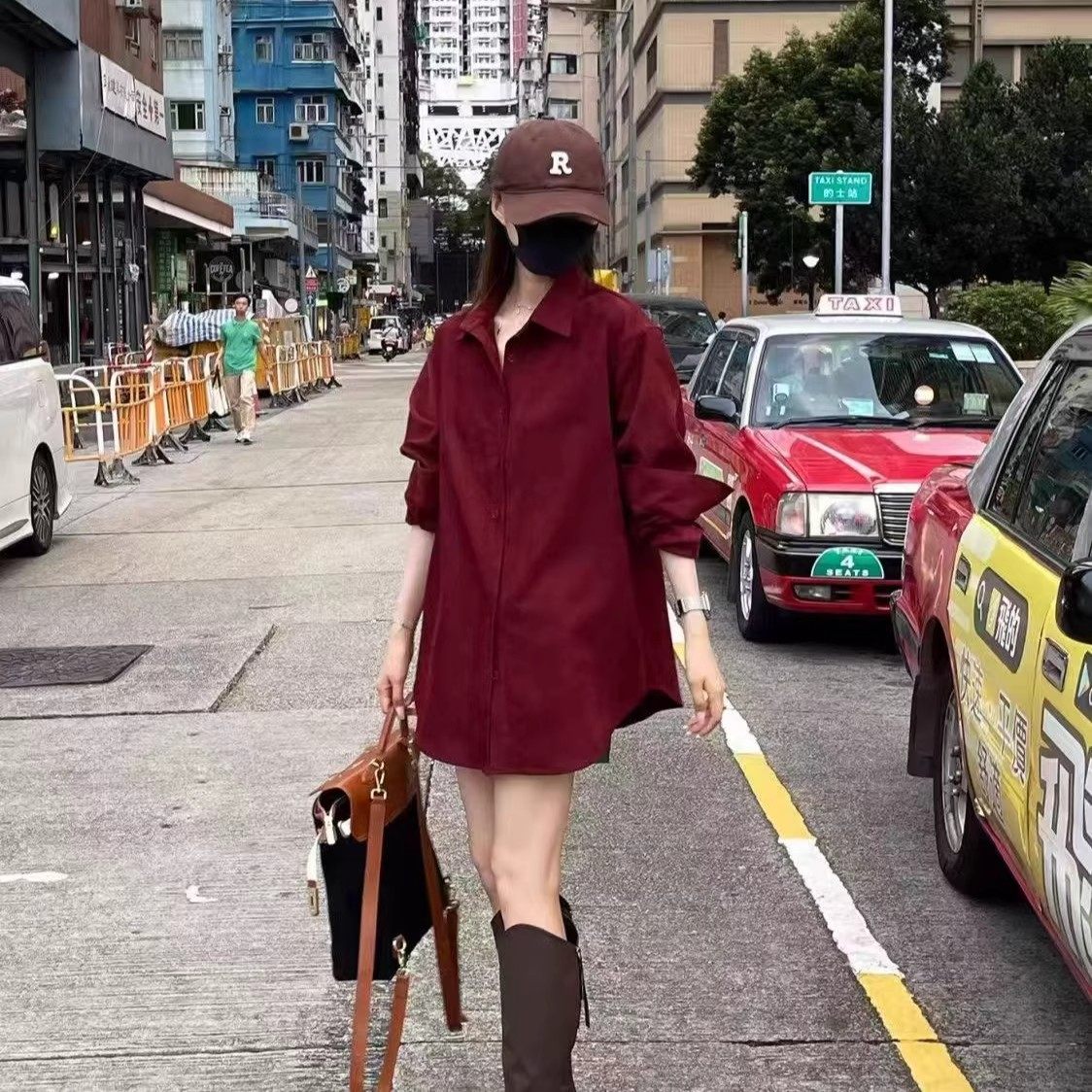复古酒红色长袖衬衫男衬衣女款2025新款爆款潮牌纯色垂感宽松百搭