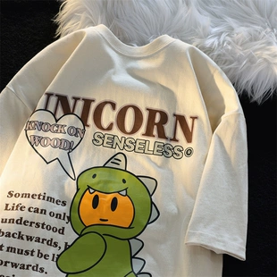 T恤女宽松原宿风上衣百搭中长款 国潮款 ins 220g夏季 街头风印花短袖