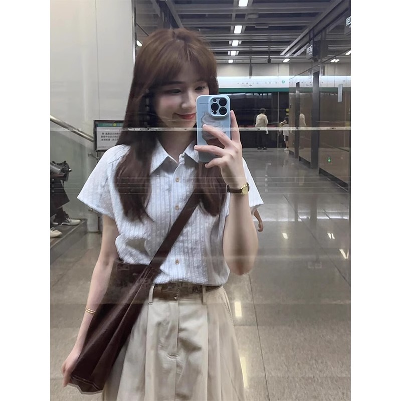 短袖衬衫蓝色条纹女夏季设计感小众独特别致polo领衬衣小个子上衣