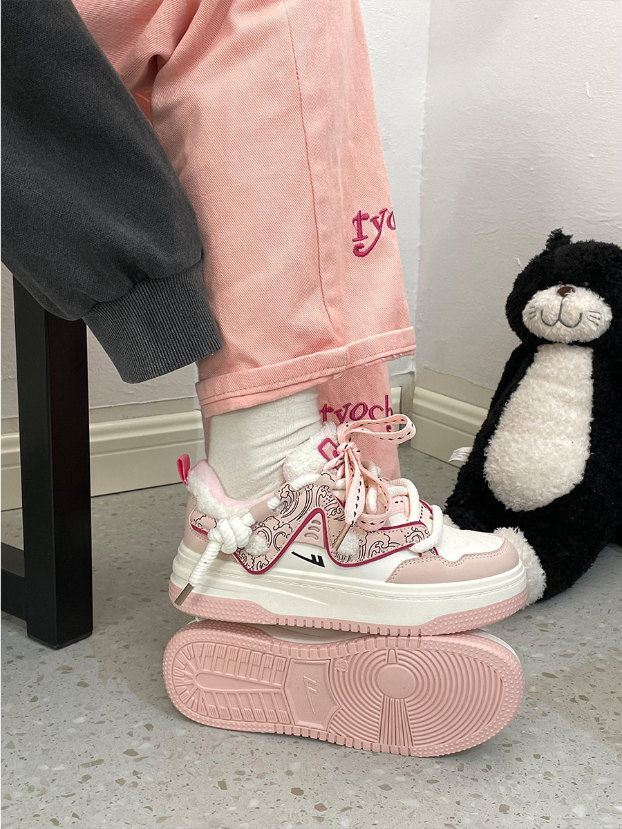 回力粉色加绒小白鞋女2024新款秋冬二棉鞋韩版百搭休闲保暖板鞋子