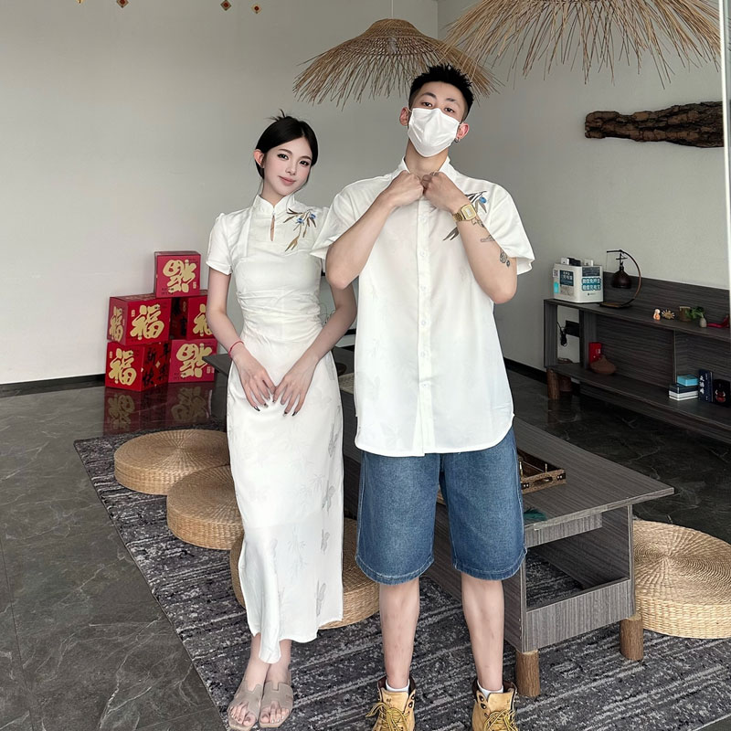 阑秋新中式情侣竹叶衬衫旗袍衬衫