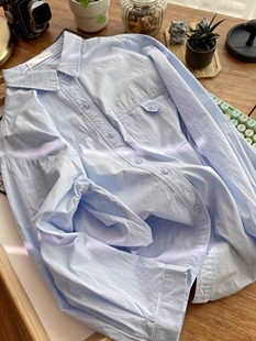 韩系穿搭博主水洗纯棉麻keyile衬衫女长袖春春奶浅蓝淡粉白色上衣