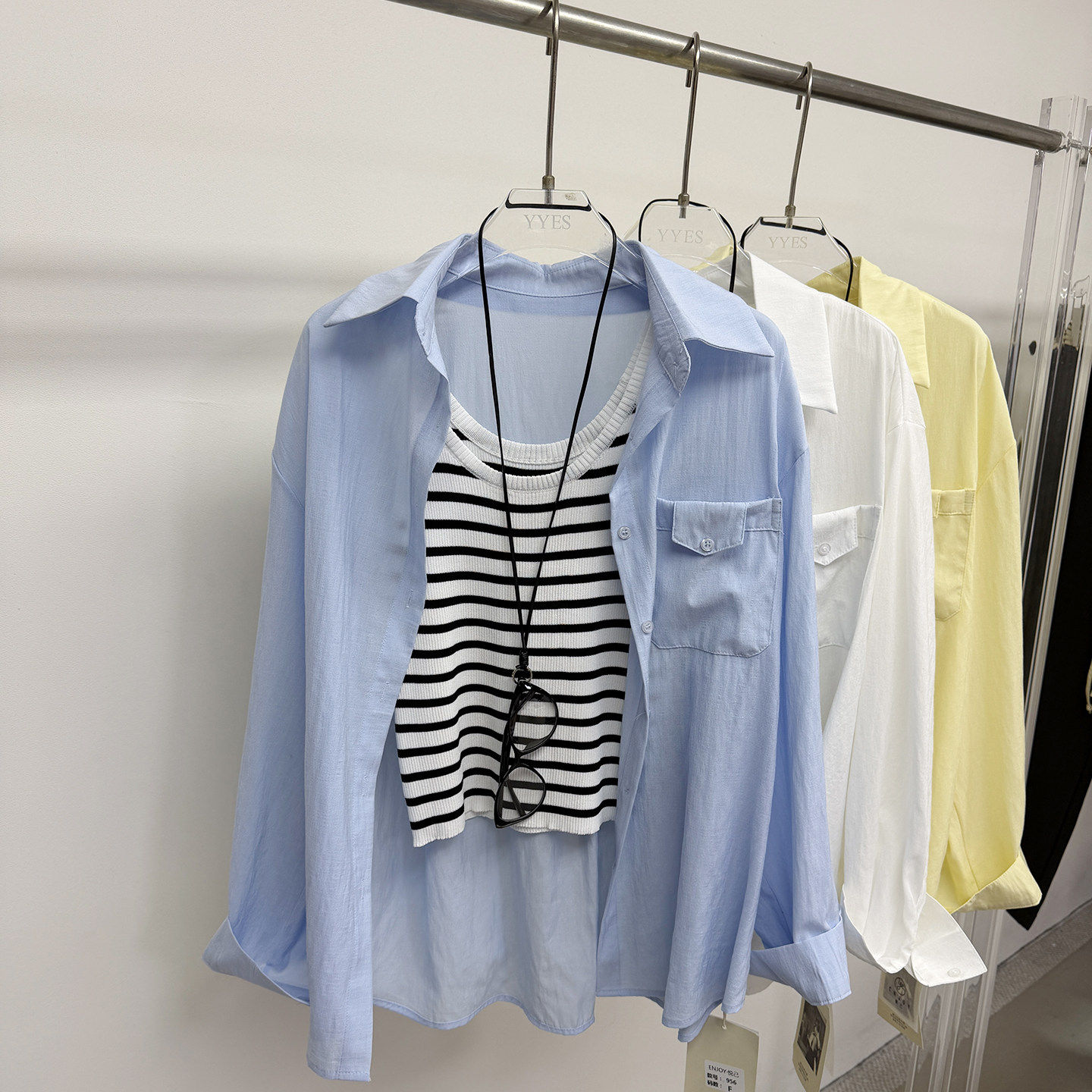 2026夏季新款中长彩色衬衫+针织条纹吊带两件两件套女装防晒衬衫