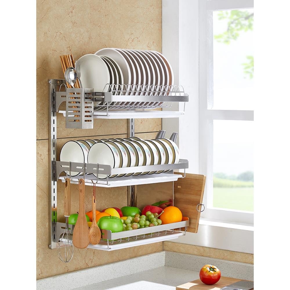 304不锈钢碗碟架壁挂式放碗架免打孔碗筷柜收纳沥水架 厨房置物架