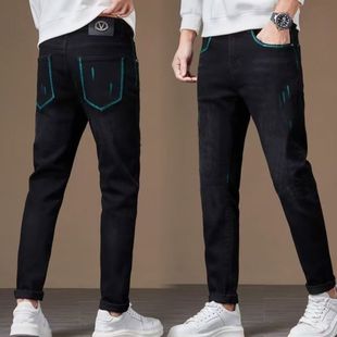 小脚弹力百搭休闲裤 高端纯黑色牛仔裤 潮牌修身 韩版 子男 男秋季