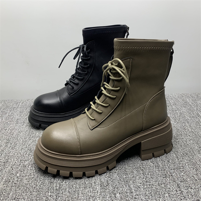 品牌断码处理瘦瘦马丁靴女2025冬季新款粗跟时尚系带圆头高跟短靴