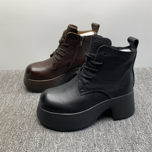 撤柜处理头层牛皮厚底马丁靴女2025秋冬款 7cm小个子复古高帮短靴