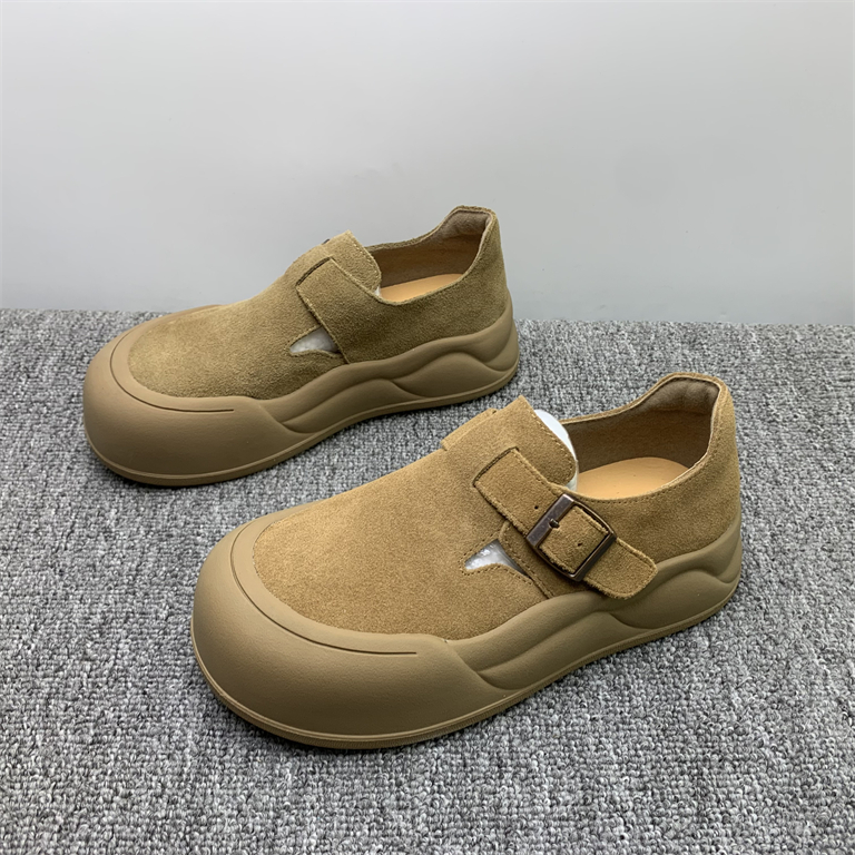 撤柜处理真皮磨砂牛皮博肯鞋女2025新款厚底一脚瞪丑萌懒人乐福鞋