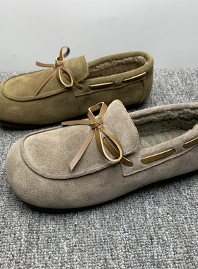 撤柜处理真皮加绒保暖博肯鞋2025冬新款软底防滑一脚瞪复古豆豆鞋