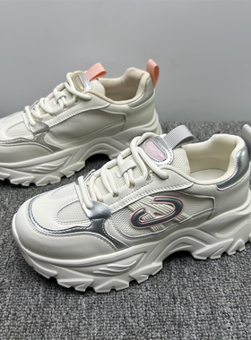 品牌断码处理厚底网面透气老爹鞋女2025夏季新款真皮显脚小运动鞋