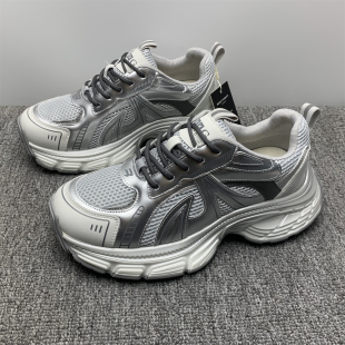 运动鞋 39码 厚底增高时尚 女2026春新款 处理真皮网面透气银色老爹鞋