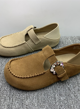 品牌撤柜处理3536码真皮复古博肯鞋女2025新款厚底防滑一脚瞪单鞋