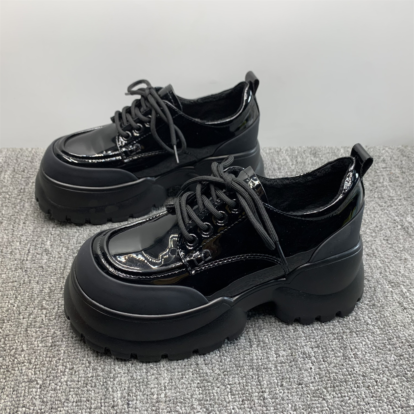 撤柜处理加绒漆皮乐福鞋女2025秋冬新款厚底增高系带英伦风小皮鞋