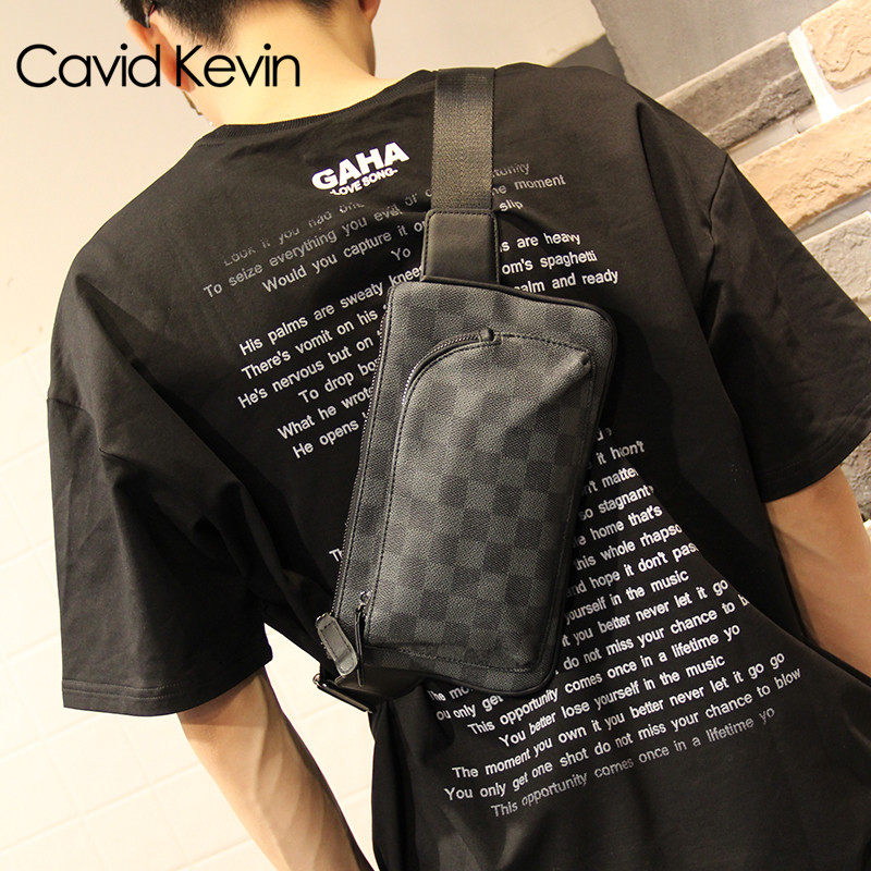 Cavid Kevin欧美格子男士胸包腰包百搭斜挎包牛皮商务质感单肩包