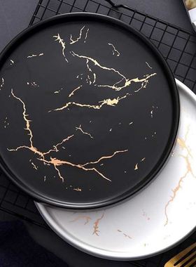 Marble Ceramic Plate Black Striped Round Steak Dinner Plates
