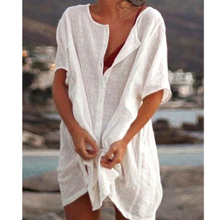 Women's Cotton Beach Dress 2022 Summer Casual Cover-ups Midi
