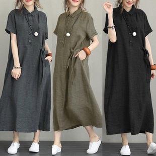 Women Cotton Linen Pocket Dress Korean O-Neck Short Sleeve L