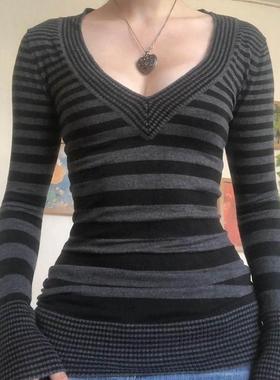 Y2K Grunge Emo 00s Vintage T Shirt Black Grey Striped V Neck