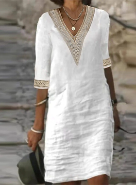 Women Cotton Linen Dress Summer Fashion Solid Color Hallow O