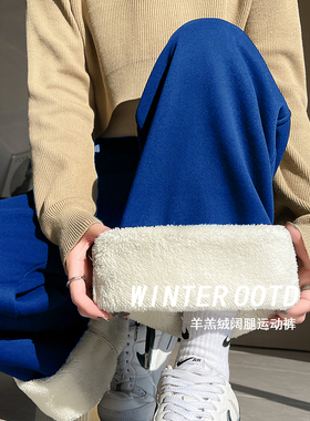 蓝色羊羔绒加绒加厚阔腿裤女秋冬宽松卫裤休闲直筒百搭阔腿长裤子