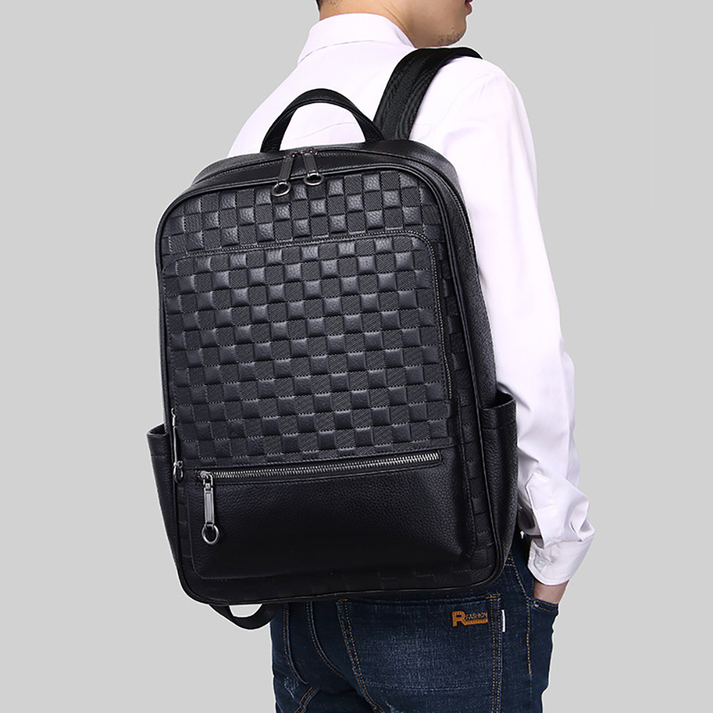 商务休闲真皮编织双肩包男士大容量电脑包头层牛皮男包包旅行背包