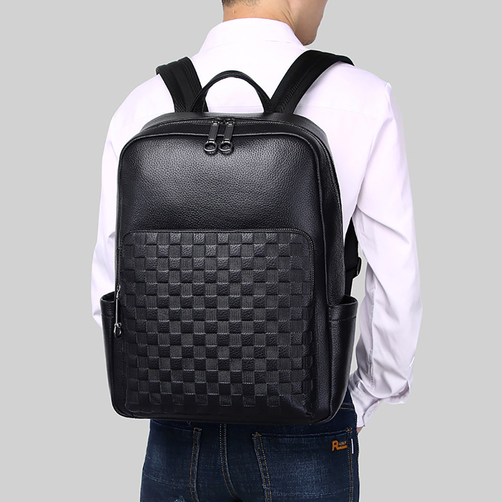 商务休闲男士双肩包真皮编织背包大容量电脑包头层牛皮书包男包包