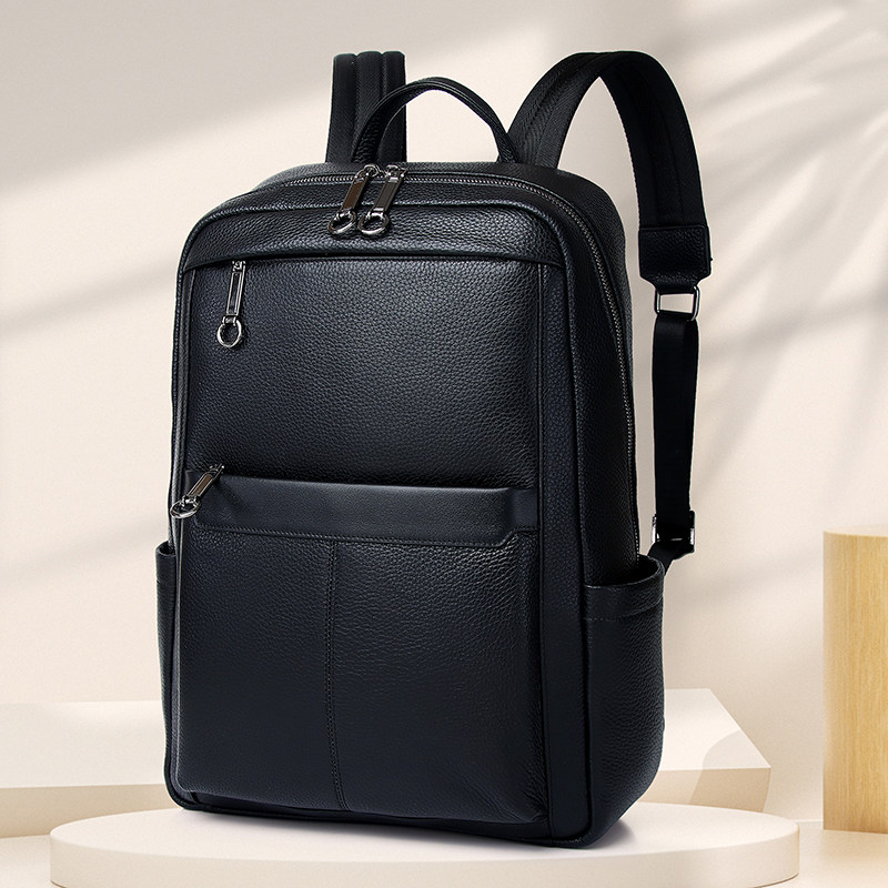 男士双肩包头层牛皮大容量商务休闲背包黑色真皮高级职场出差男包