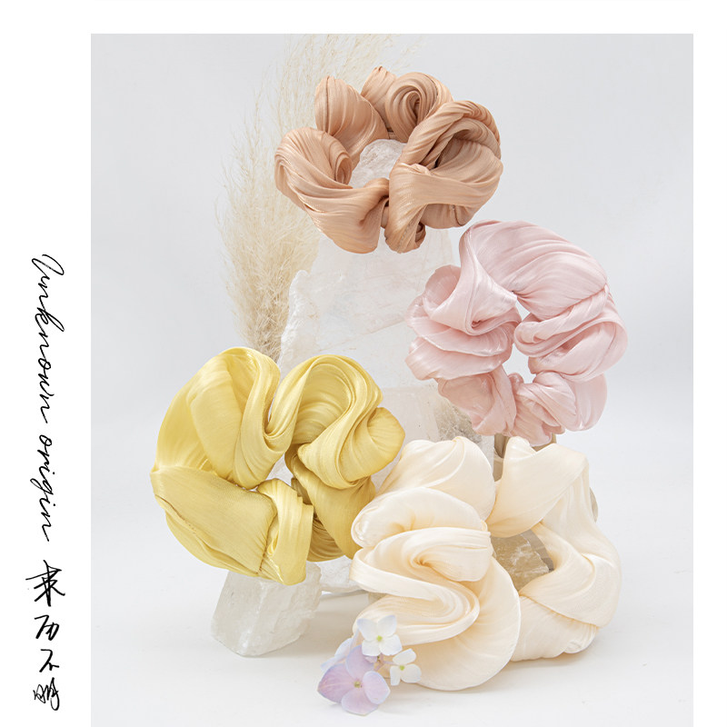 「来历不明」头绳大波浪压褶亮丝缎面布粉黄白色大肠宽边发圈头花