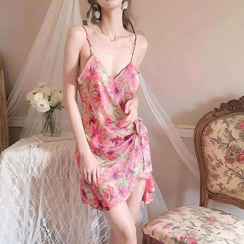 夏季大码法式深V冰丝吊带睡裙