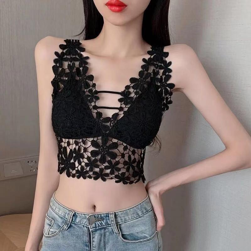 韩版镂空深V性感外穿美背蕾丝吊带背心打底上衣女学生纯欲风文胸