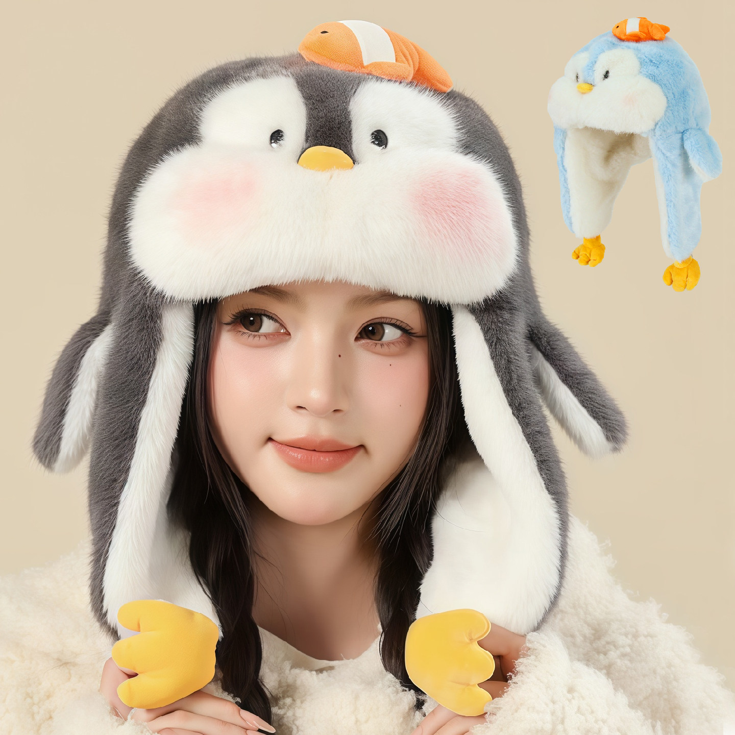 企鹅公仔3D立体耳套头保暖帽子