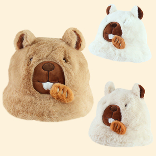 土拨鼠卡皮巴拉盆盆帽子渔夫毛绒卡通女生冬季天加厚儿童可爱保暖