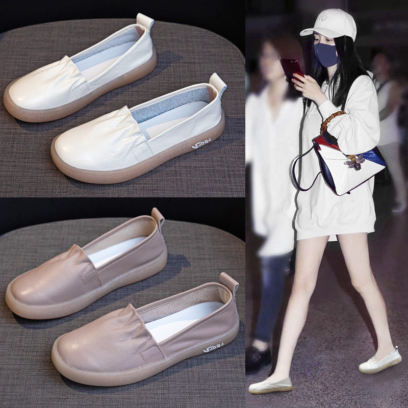 真皮镂空小白鞋女2025春夏新款一脚蹬乐福女鞋软底孕妇护士小