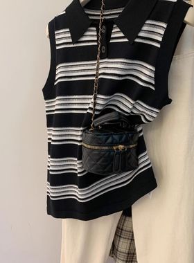 POLO领条纹冰丝背心女夏季薄款内搭打底衫宽松大码休闲无袖上衣潮