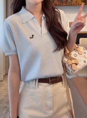 2025夏季新款翻领毛针织衫女短袖时尚百搭洋气减龄修身显瘦上衣潮