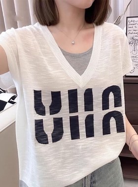 撞色假两件超好看t恤短袖2025新款夏季大码女装胖MM冰丝针织上衣
