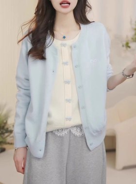 时髦撞色假两件针织衫女早春新款休闲高级感百搭毛衣开衫长袖上衣