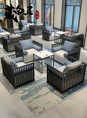 新中式卡座沙发茶楼桌椅组合民宿酒店包厢沙发铁艺茶餐厅沙发组合