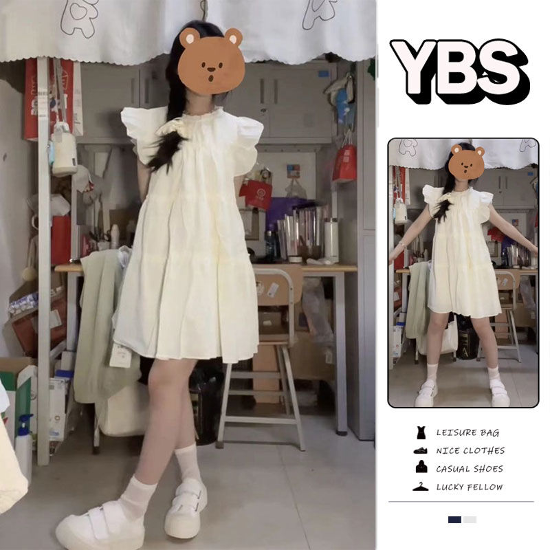 YBS可甜可盐仙女小飞袖a字连衣裙学生夏季设计感简约宽松遮肉裙子
