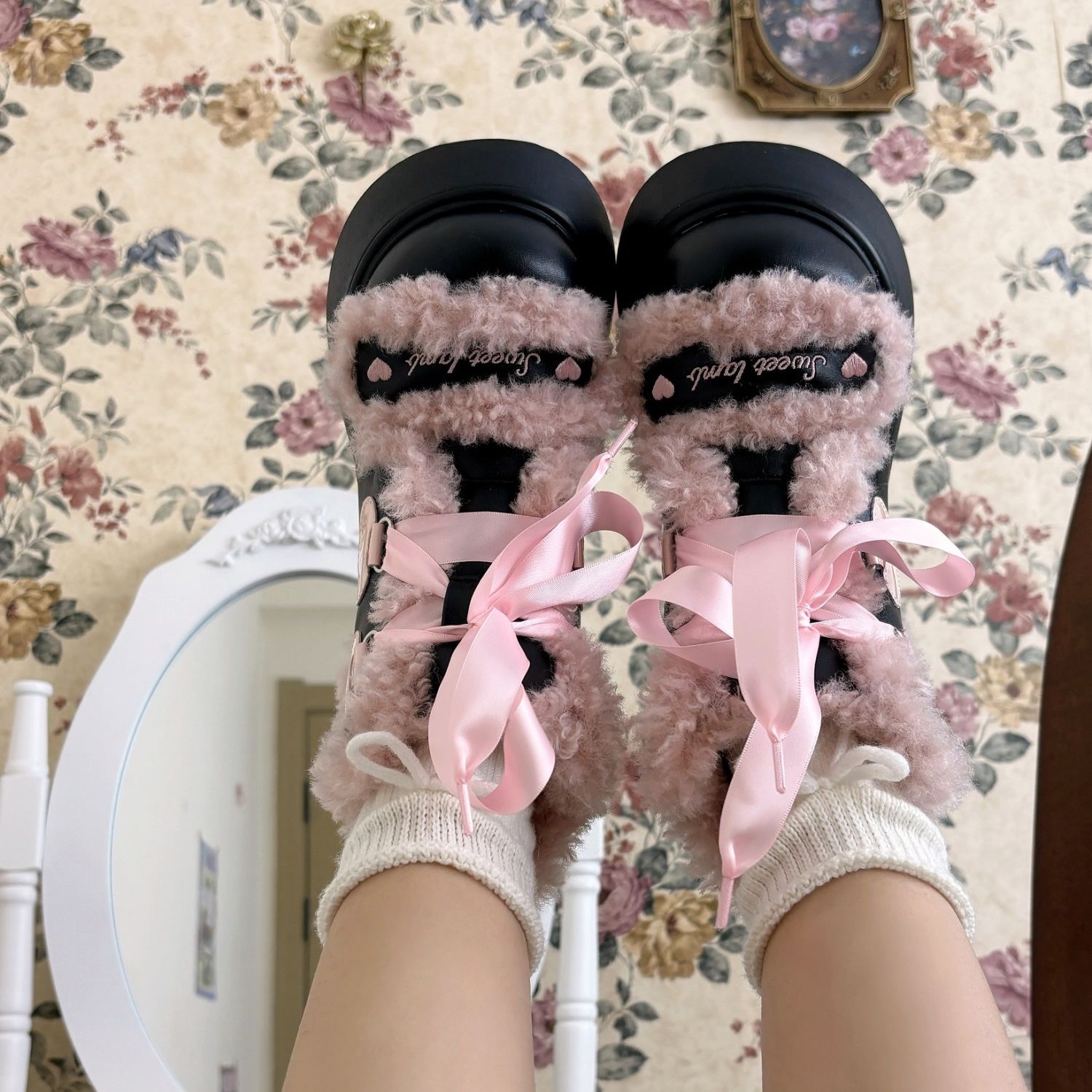 少女原创羊羔毛靴子Lolita原创可爱蝴蝶结棉鞋甜美日系洛丽塔棉靴