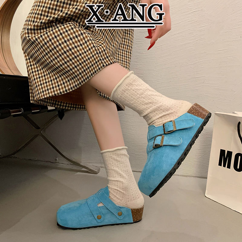 夏季软木底牛皮包头博肯半拖女鞋