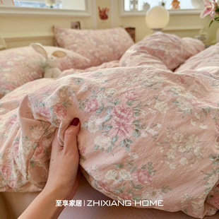 A类碎花双层纱床上四件套纯棉全棉床单被套罩床品学生宿舍三件套4