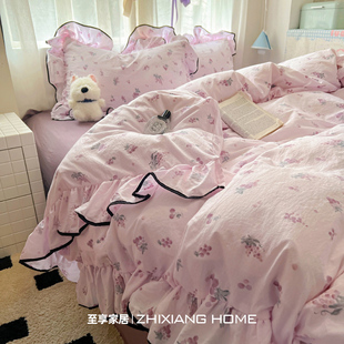ins奶油风双层纱床上四件套纯棉全棉公主风床单被套罩床笠宿舍三4