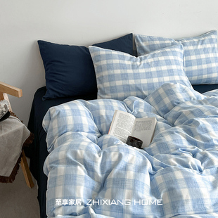 条纹格子床上四件套纯棉全棉2025新款 床单被套床笠学生宿舍三件套