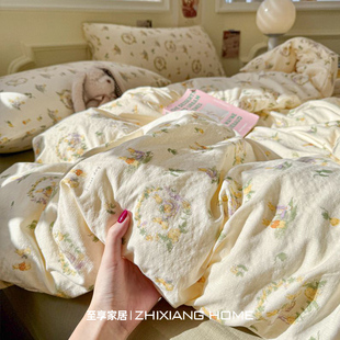 A类田园风双层纱床上四件套纯棉全棉2025新款 床单被套宿舍三件套4