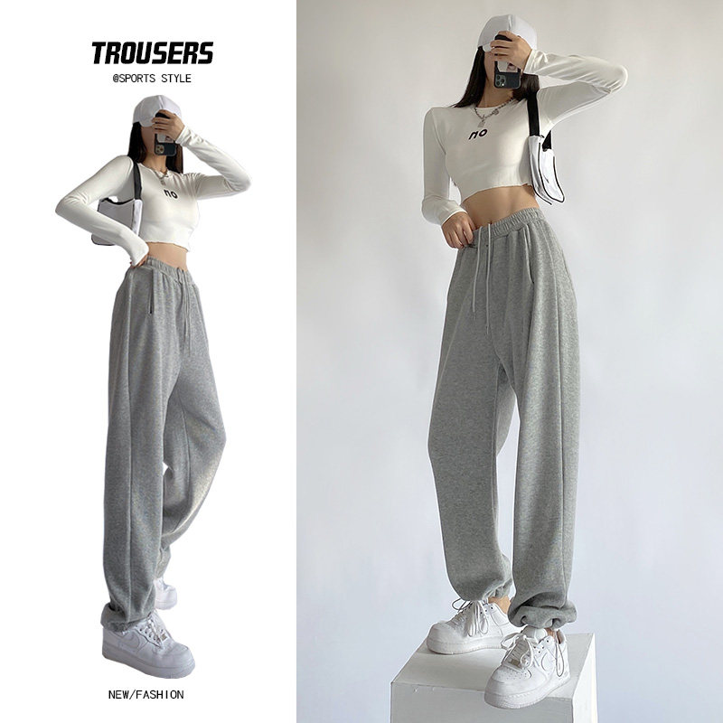 灰色运动裤女宽松束脚春装秋冬季加绒休闲裤阔腿裤ins潮高街卫裤