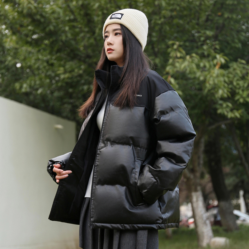 学院风PU皮立领羽绒服