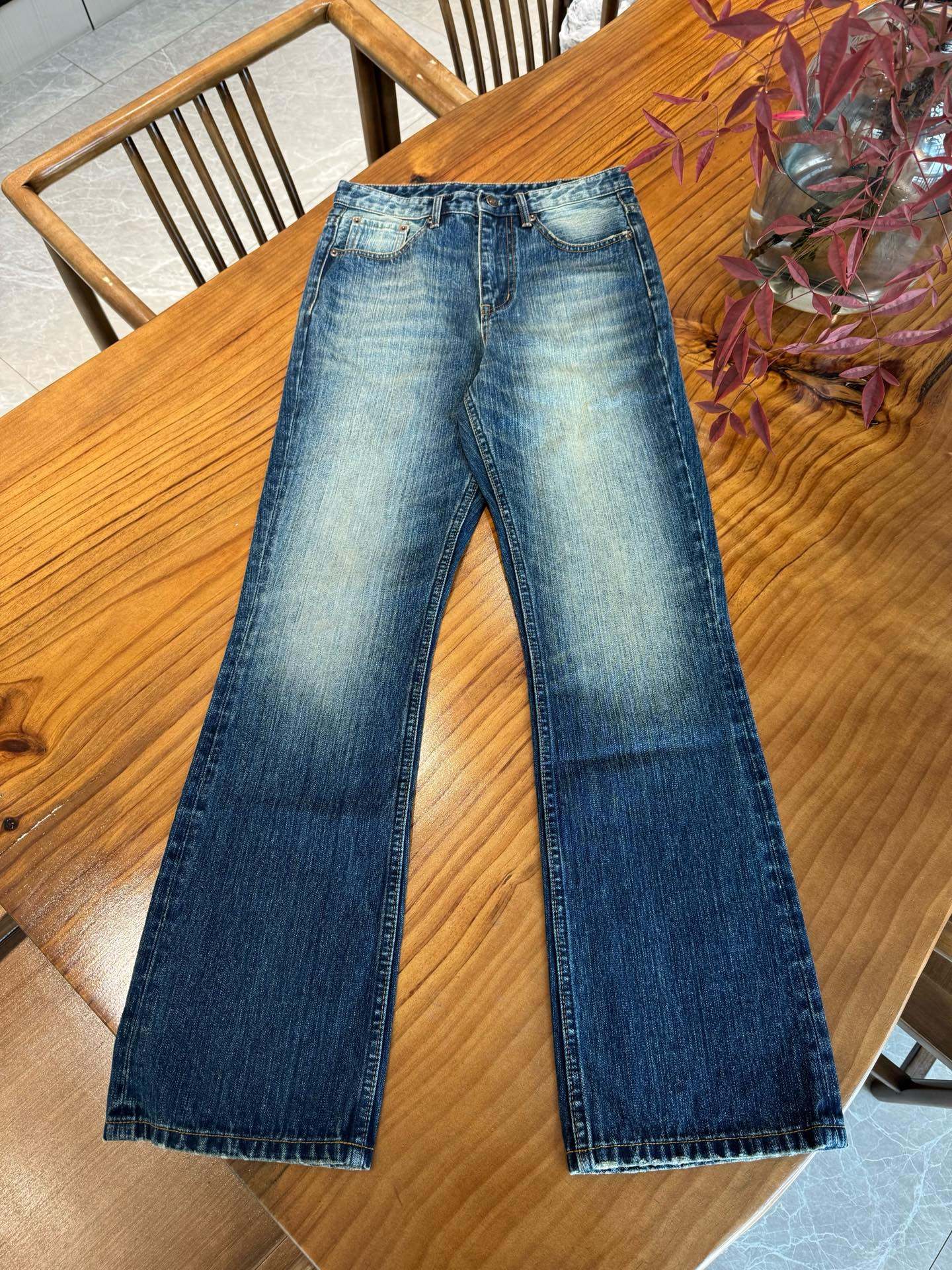 thumbnail for Factory director independent 517 slub pattern washed distressed bootcut jeans cleanfit men's and women's indigo vibe trousers