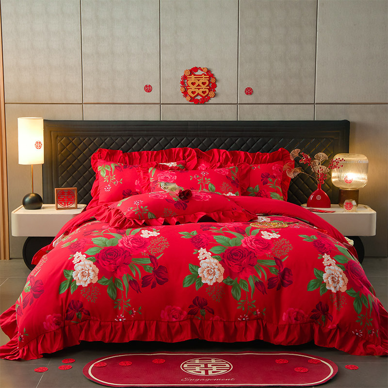 高档大红色婚庆四件套2025新款床笠被套床单新房喜被结婚床上用品,床上用品,婚庆床品套件,淘宝优惠券,粉丝福利购,淘宝优惠卷